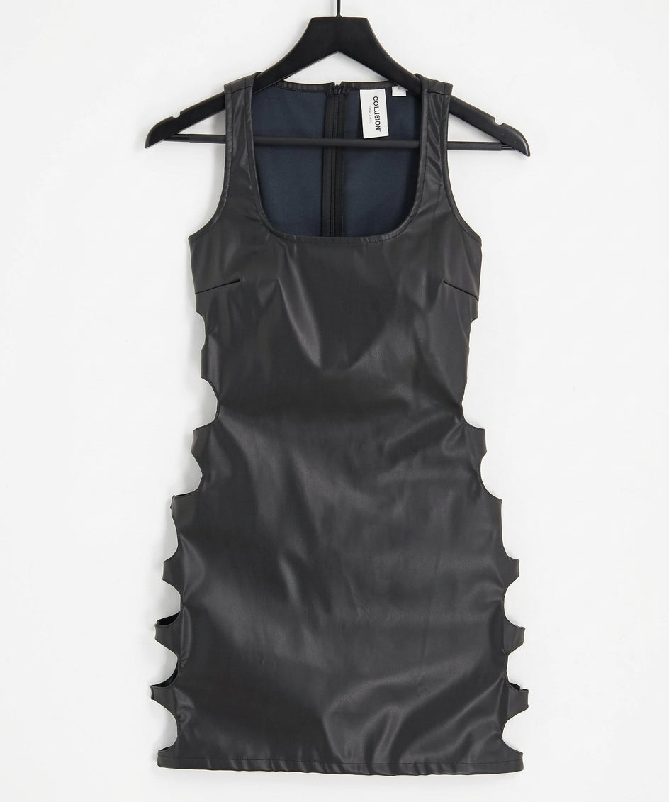 PU cut out vest mini dress in black