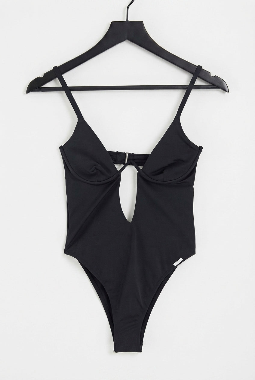 Monowire swimsuit with deep plunge cut out detail in black