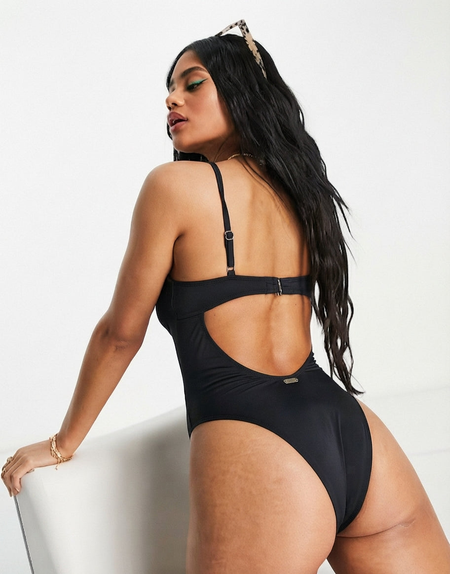 Monowire swimsuit with deep plunge cut out detail in black