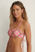 Lace back square neck bikini top in pink check