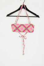 Lace back square neck bikini top in pink check
