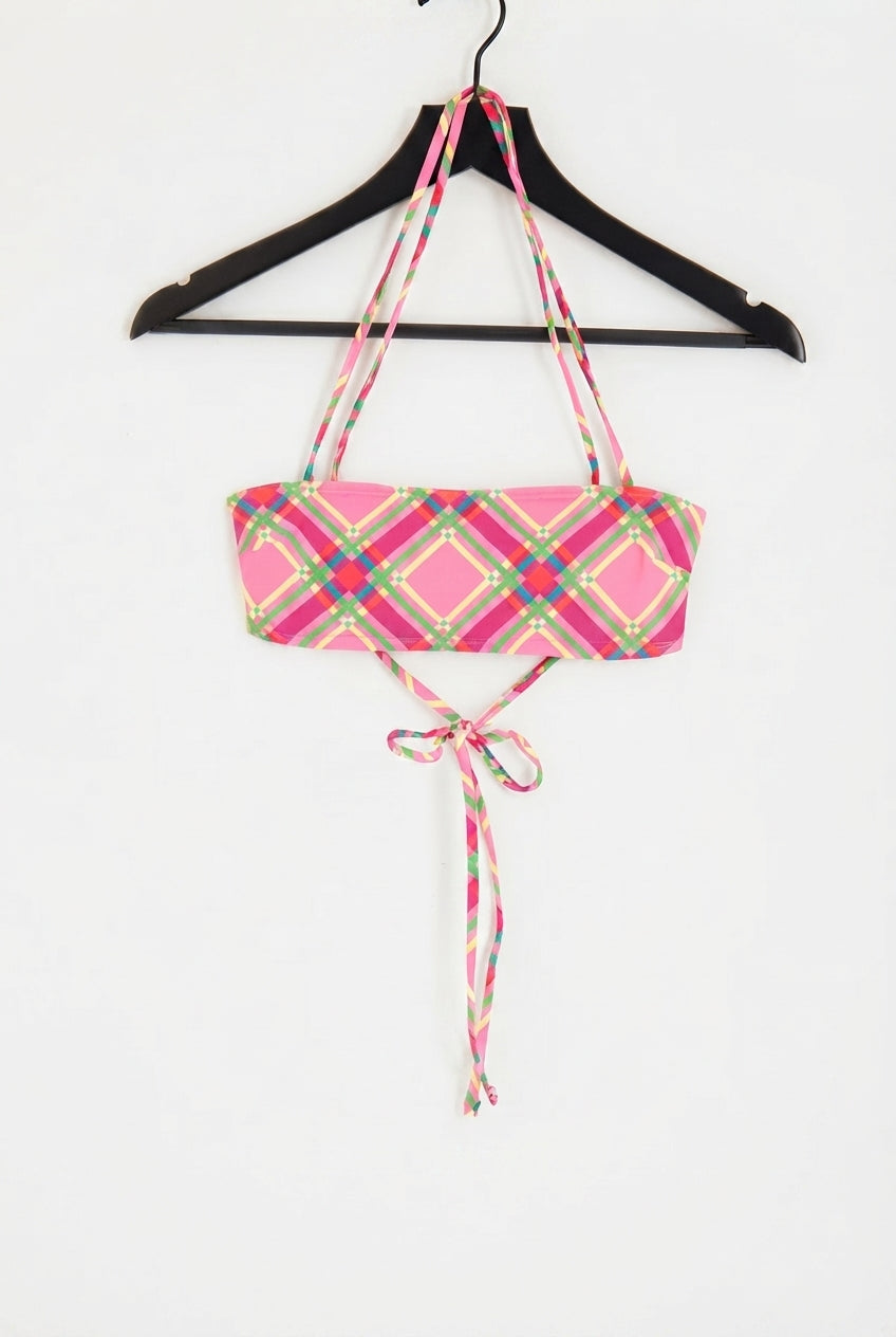 Lace back square neck bikini top in pink check