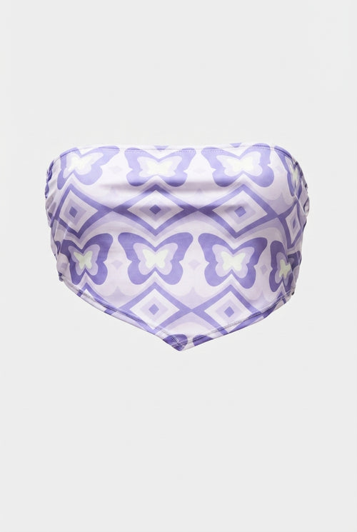 Bandeau bikini top in purple butterfly print