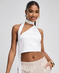 Satin scarf detail crop top in white