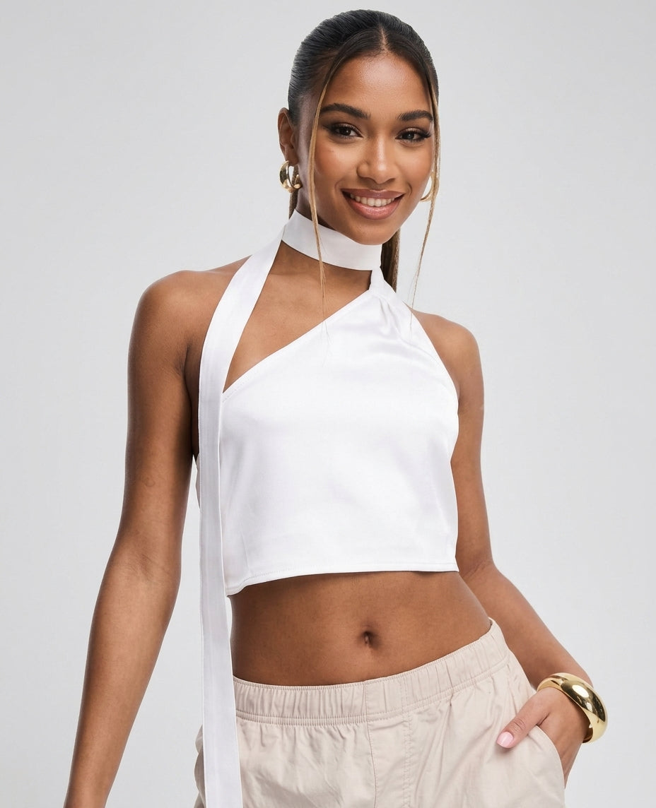 Satin scarf detail crop top in white