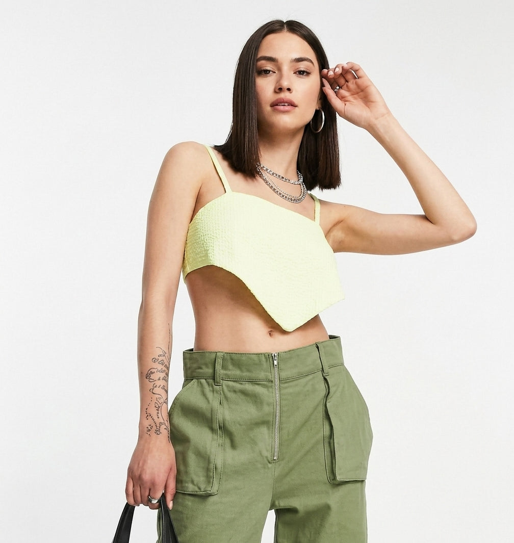 Crochet knitted tie back v shape cami top in pale green