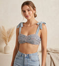 Two-tone lace bustier top in blue and pink